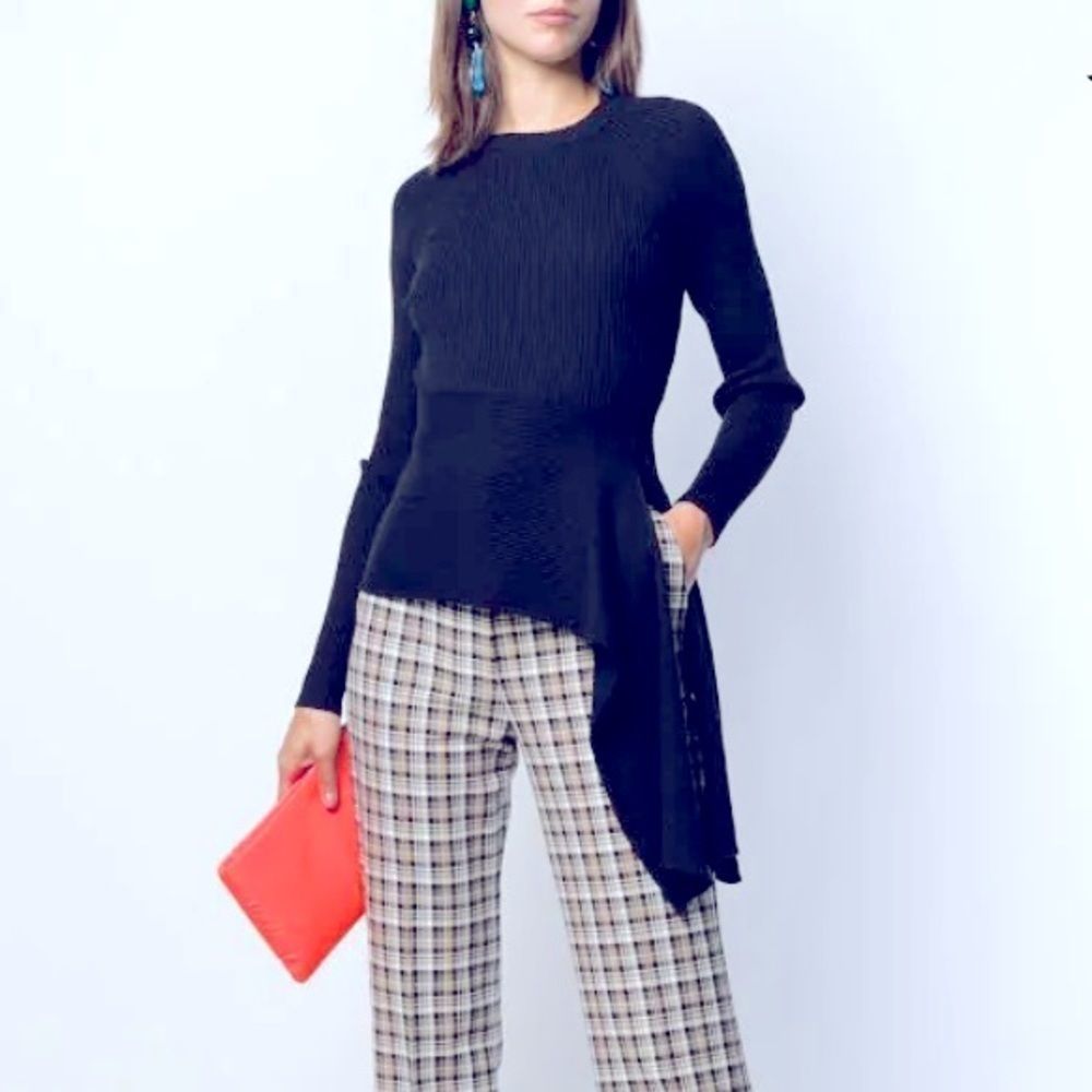 ROLAND MOURET Draped Peplum Long Sleeve Sweater Navy Medium